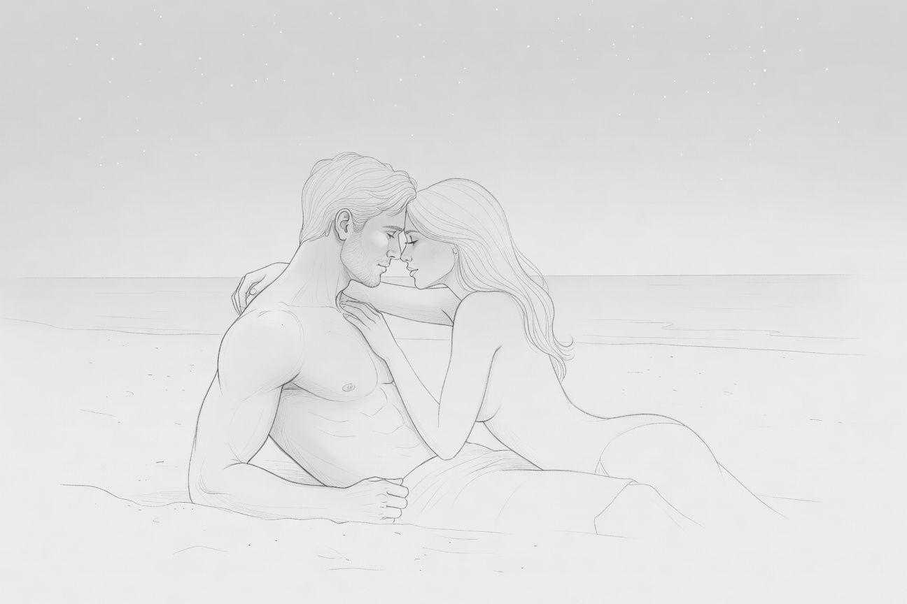 Romans z ratownikiem na pustej plaży po zmysłowym zachodzie słońca