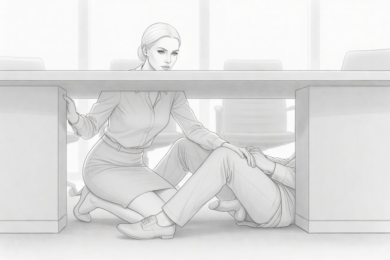 Obciąganie pod biurkiem podczas ważnego spotkania w wielkiej korporacji