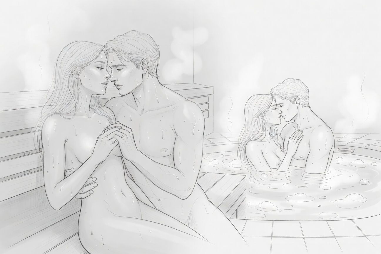 Gorący wieczór w saunie: od pary potu i flirtu do dzikiej ekstazy w jacuzzi z nieznajomym